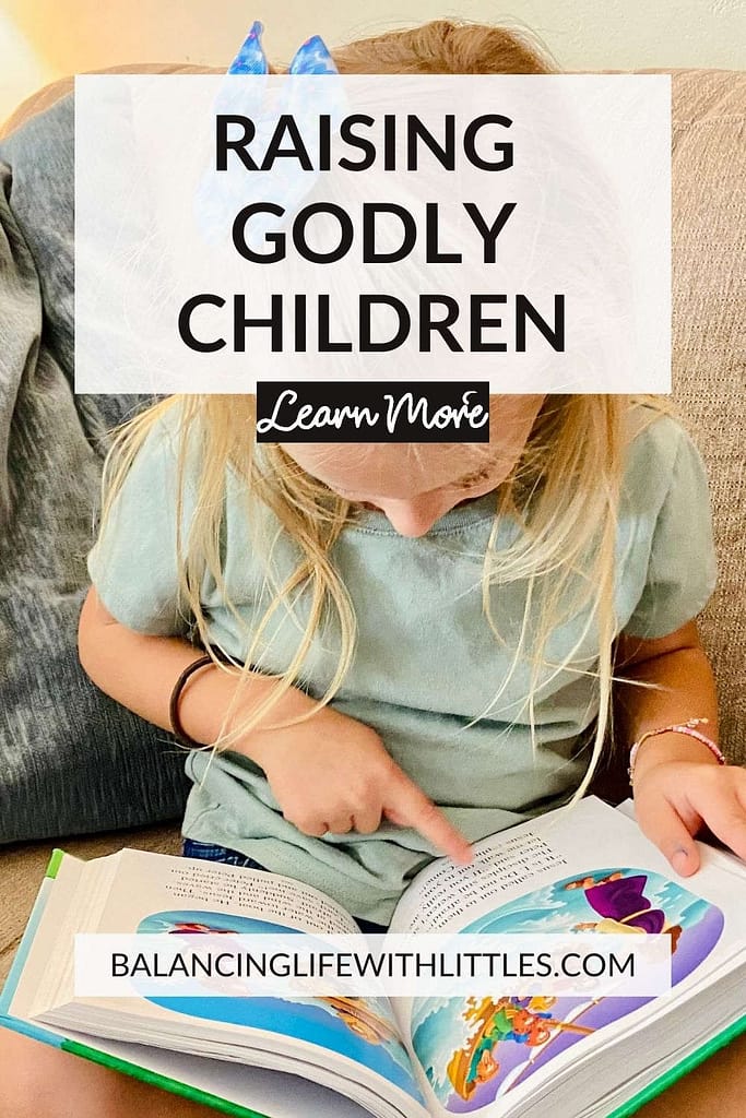 Pin Image for Raising Godly Children with a girl reading a child bible on a couch